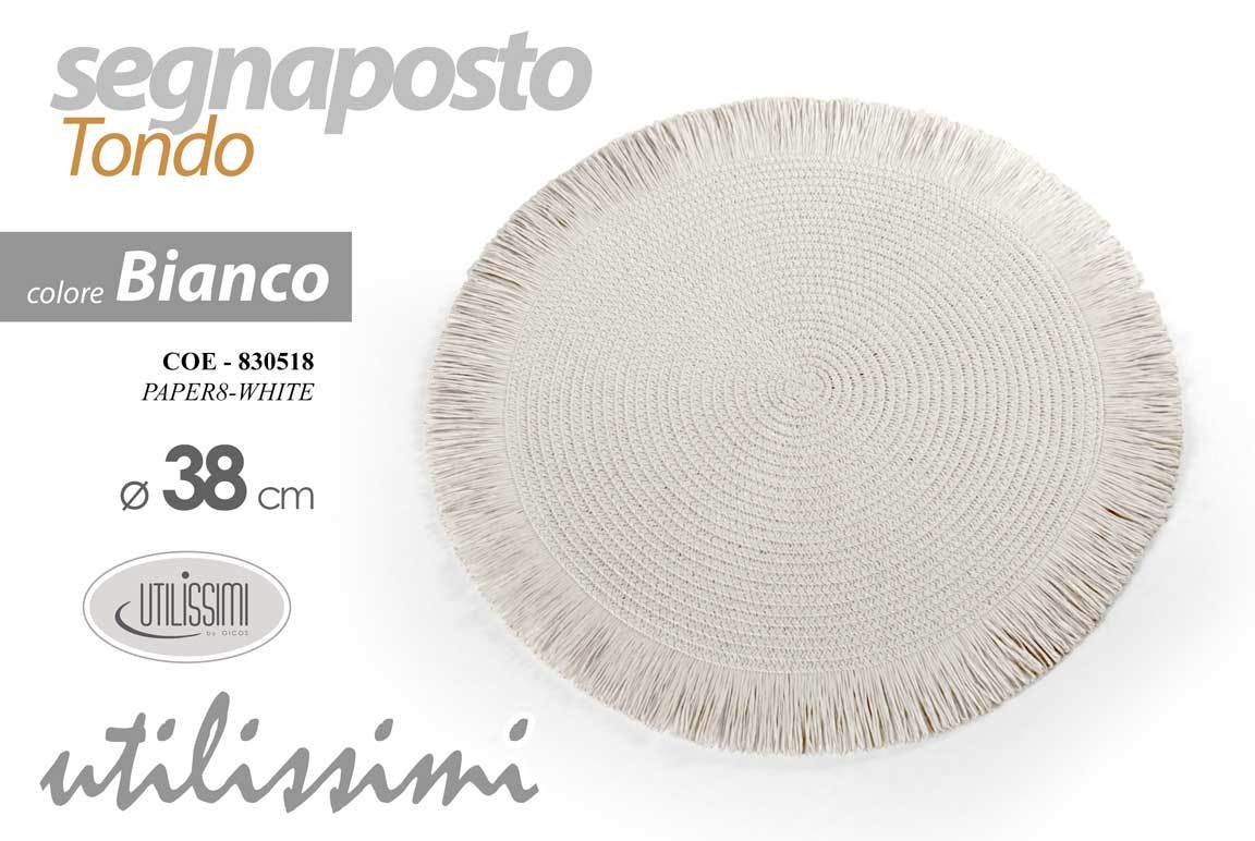 Tovaglietta rotonda bianca in cotone intrecciato con bordo frangia, diametro 38 centimetri
