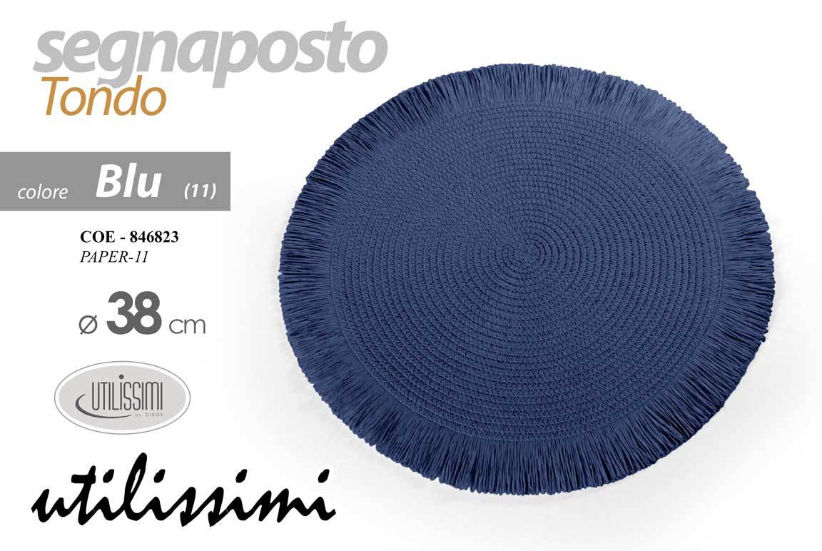 Tovaglietta rotonda blu scuro con bordo sfrangiato, diametro 38 centimetri, vista dall'alto su sfondo bianco