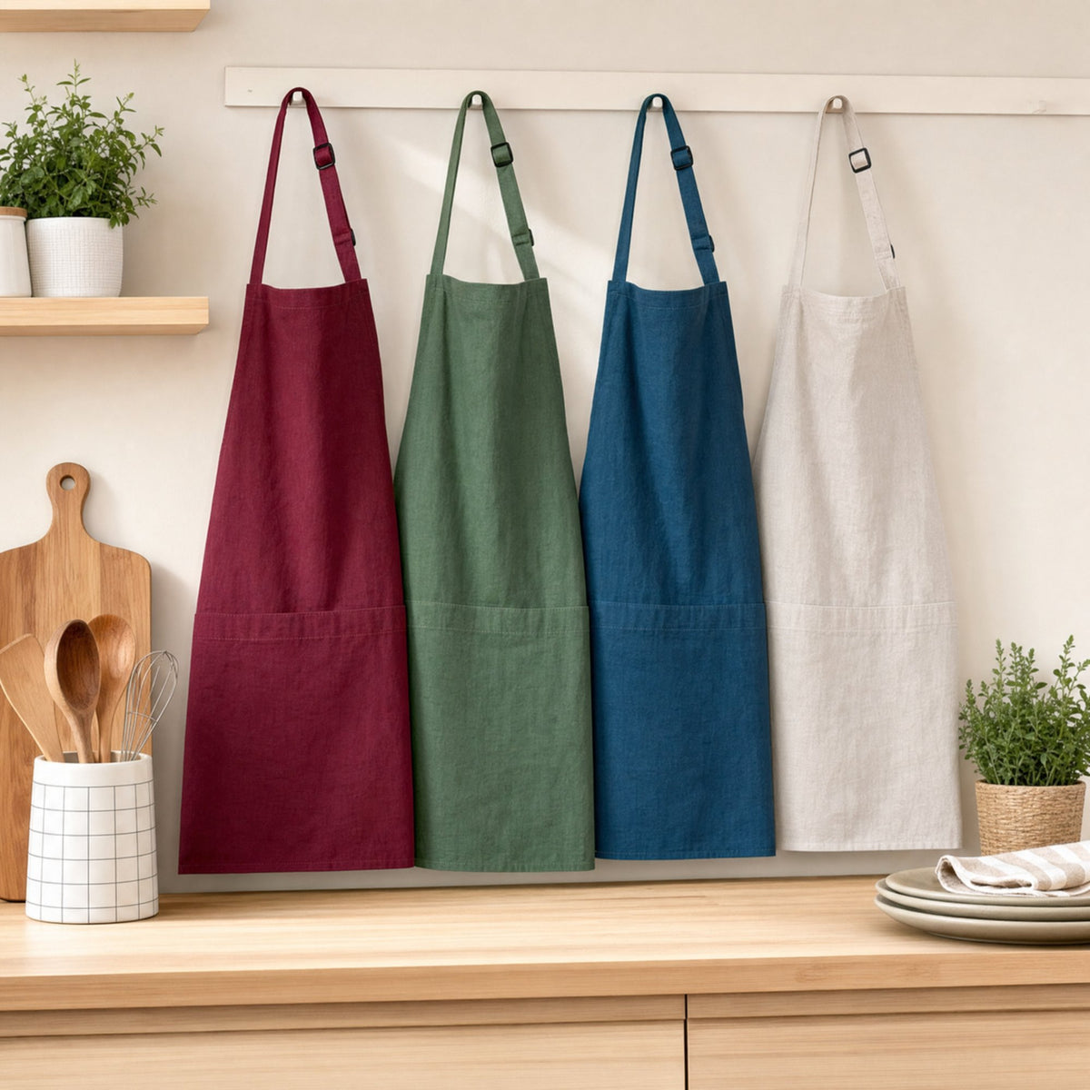 Grembiule da cucina disponibile in bianco, bordeaux, verde e blu navy, dimensioni 60x80 centimetri