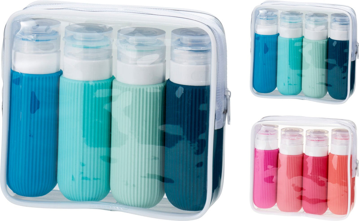 Quattro flaconi in silicone con tappo a scatto dentro una pochette trasparente con zip