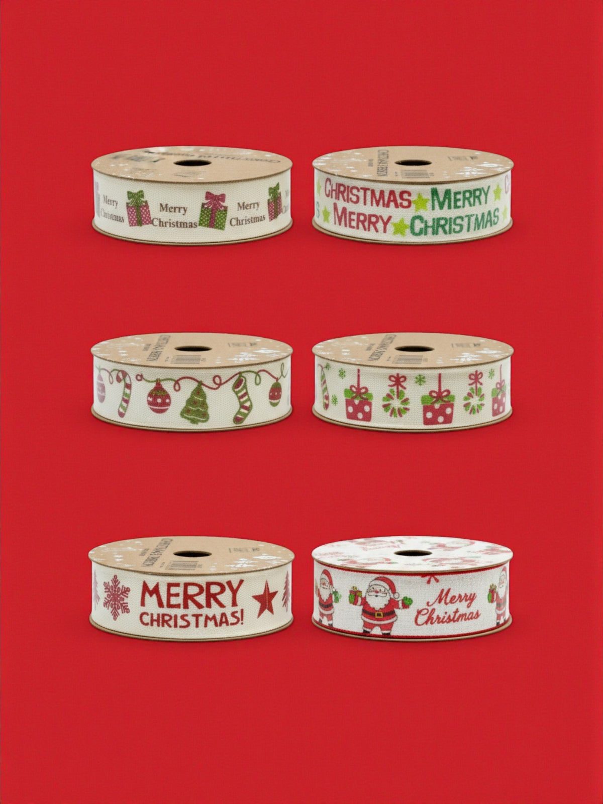 Rotoli di nastro natalizio color panna con stampe di Babbo Natale, pacchi regalo, stelle e la scritta Merry Christmas