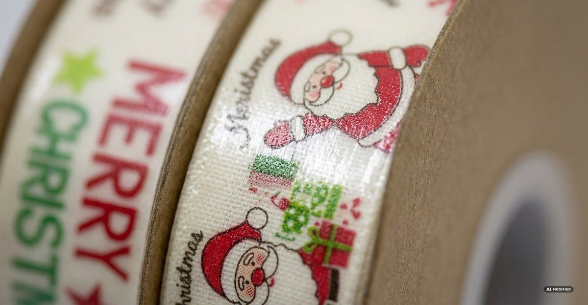 Rotoli di nastro natalizio color panna con stampe di Babbo Natale, pacchi regalo, stelle e la scritta Merry Christmas