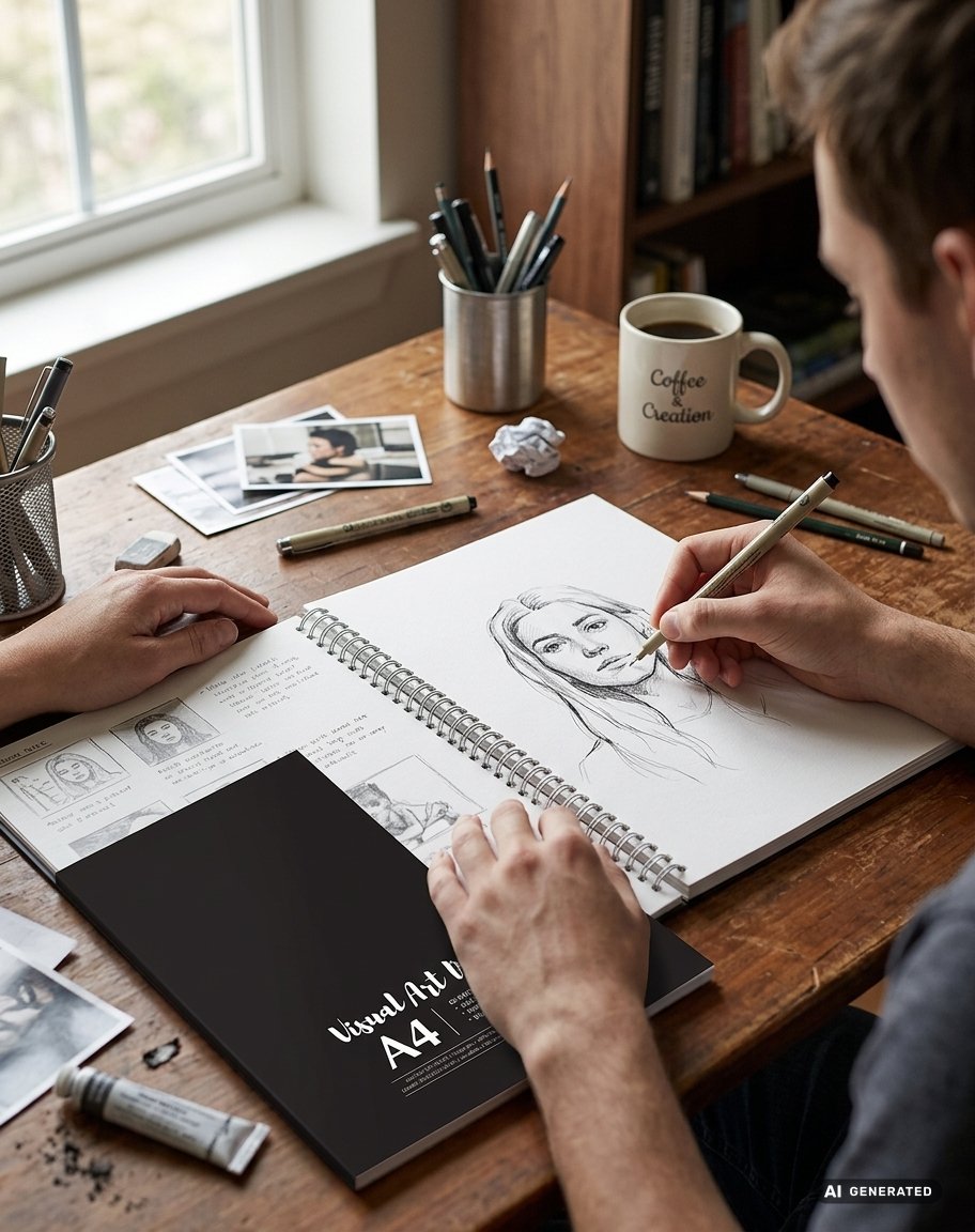 Album da disegno A4 con spirale bianca e copertina nera con scritta in bianco