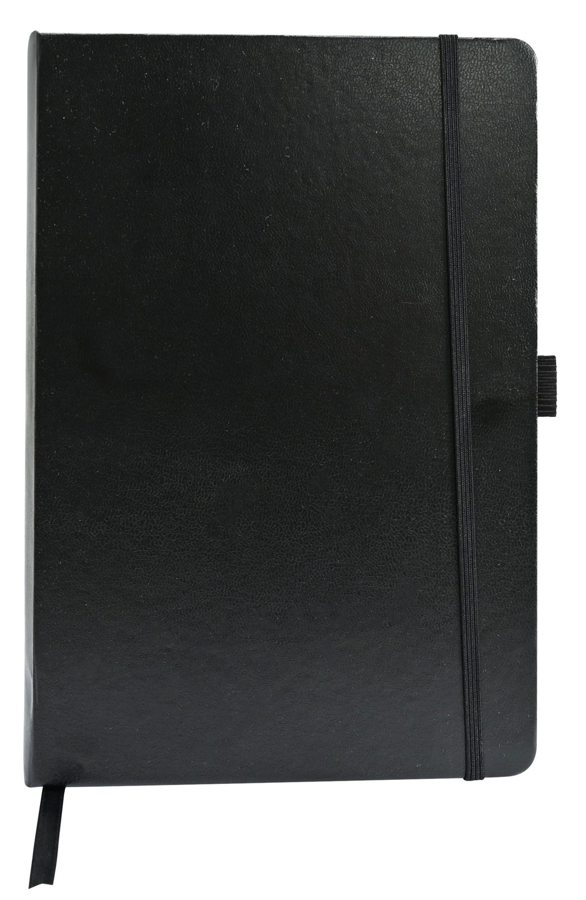 Taccuino nero formato A5 con copertina rigida, elastico verticale e segnalibro in nastro
