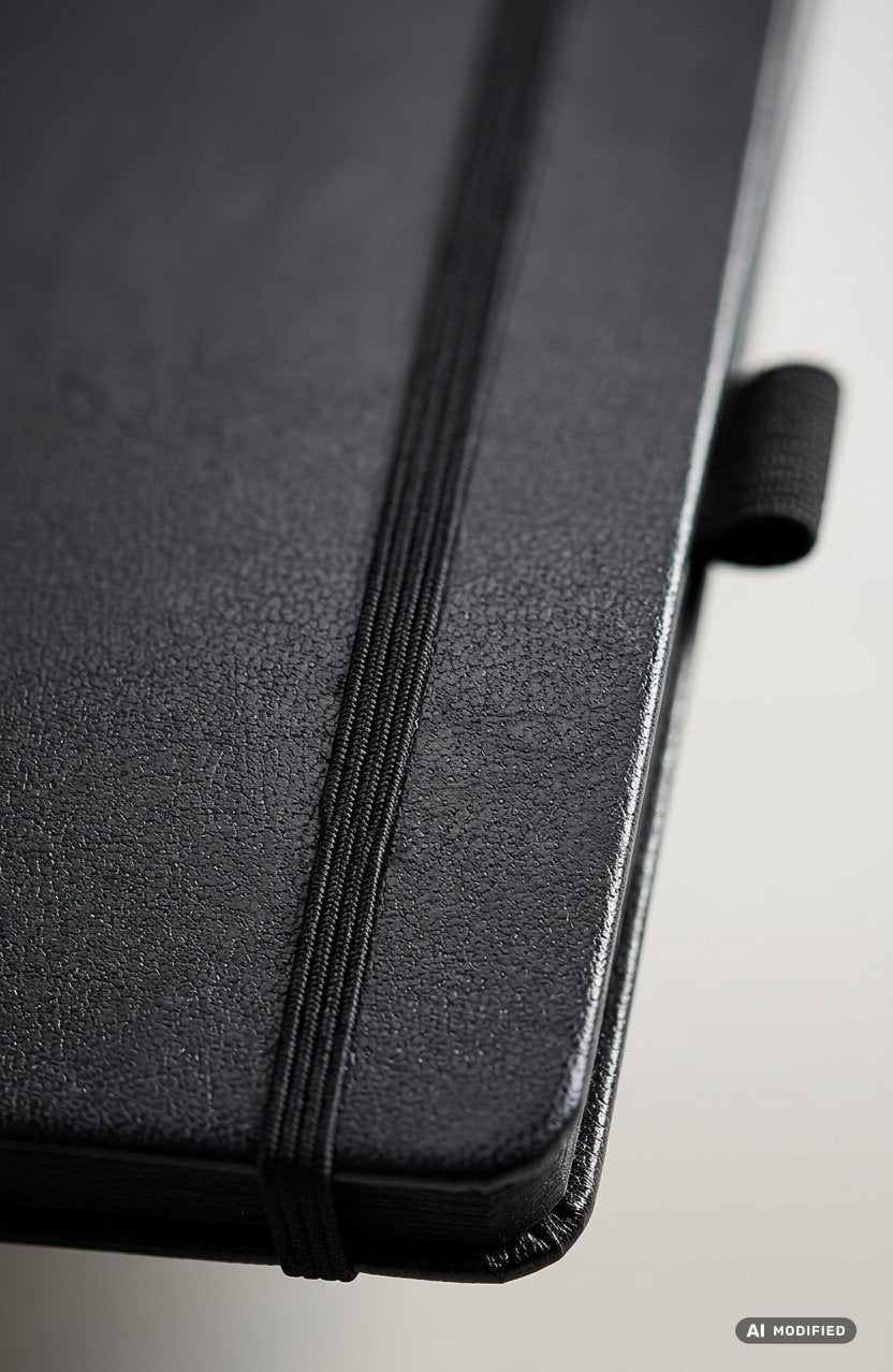 Taccuino nero formato A5 con copertina rigida, elastico verticale e segnalibro in nastro