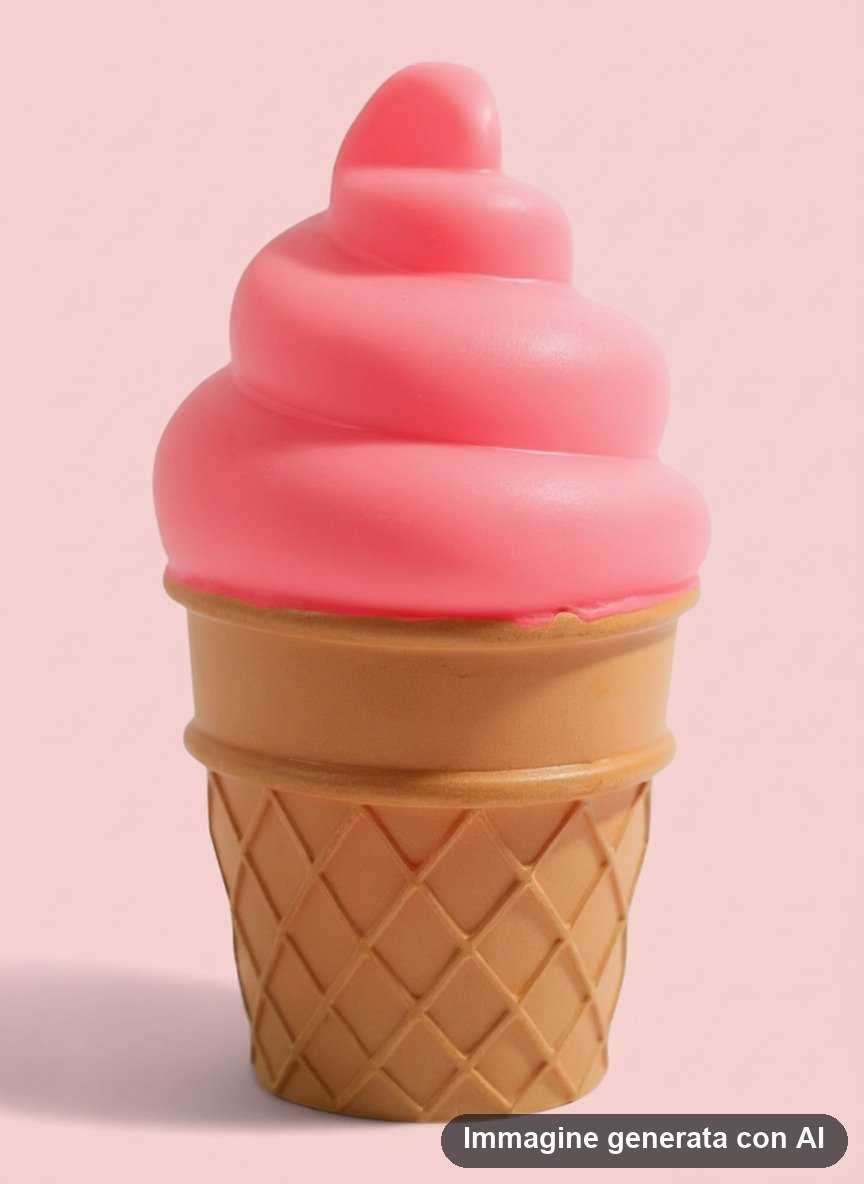 Lampada punto luce a forma di gelato con glassa rosa e cono, su comodino bianco in cameretta azzurra con letto e peluche