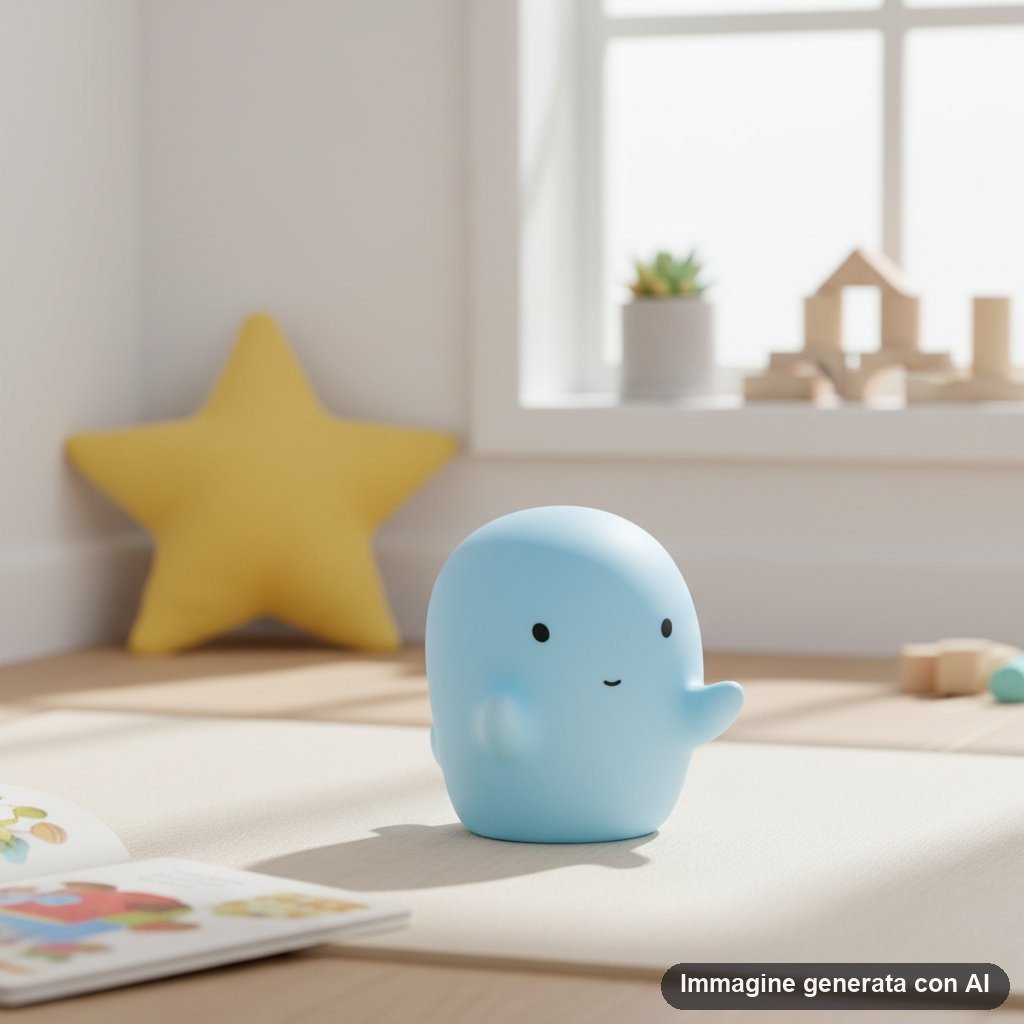 Lampada notturna a forma di fantasmino blu kawaii con luce LED, tenuta in mano su tappeto in camera da letto