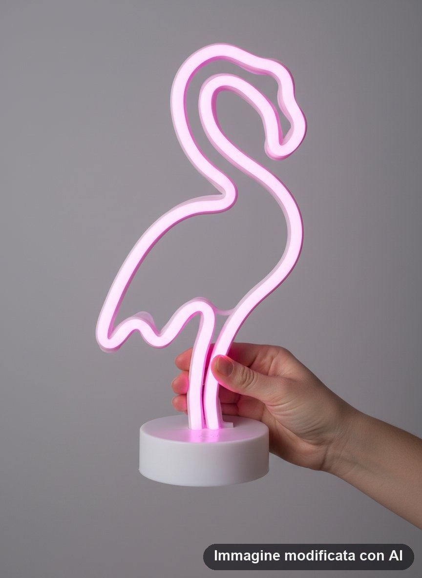 Lampada al neon a forma di fenicottero con luce rosa e base tonda