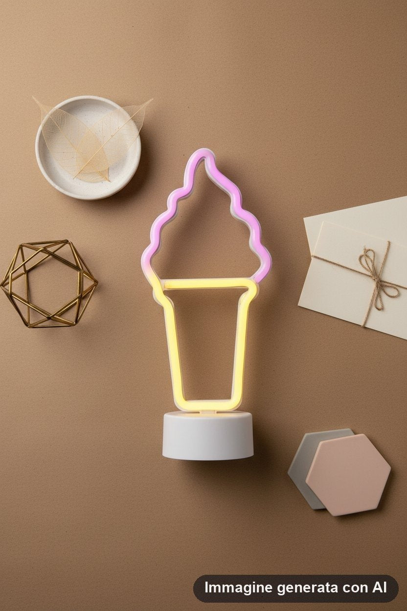 Lampada al neon a forma di cono gelato con luce viola e gialla e base tonda