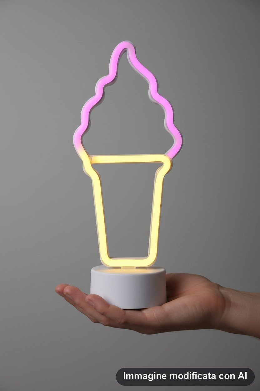 Lampada al neon a forma di cono gelato con luce viola e gialla e base tonda