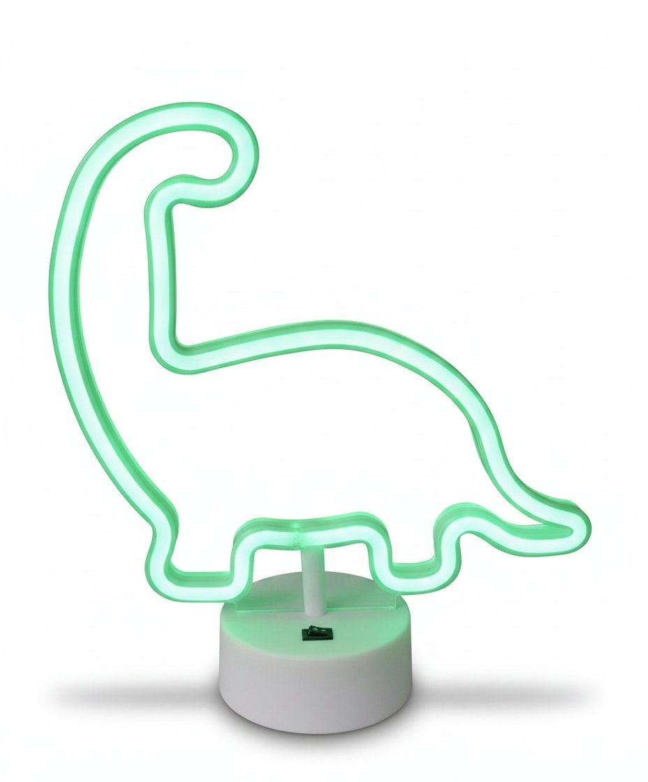 Lampada neon dinosauro verde con base bianca, design moderno e luminoso