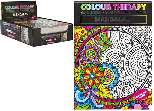 Copertina di un album da colorare antistress con grande mandala e fiori, in parte colorati e in parte a linea.