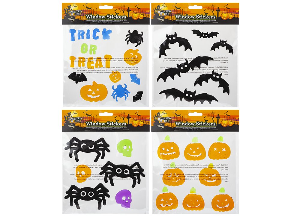 Quattro buste di adesivi in gel per vetri con scritta trick or treat, pipistrelli neri, ragni, teschi e zucche arancioni.