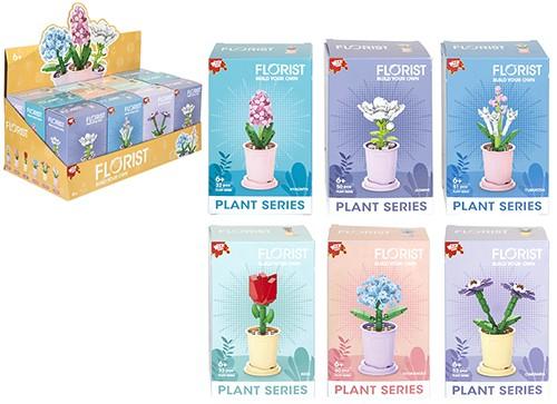 Sei scatole di mattoncini con fiori colorati in vaso da costruire, con espositore