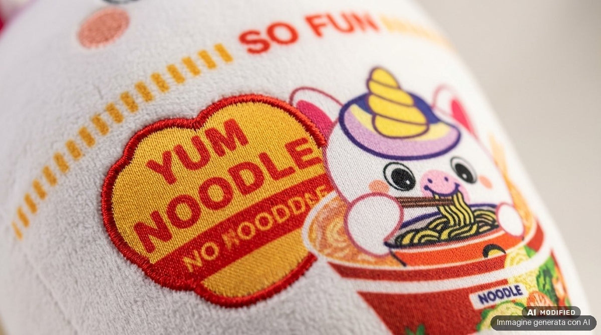 Quattro peluche kawaii di animali con costumi da noodle colorati: mucca marrone, coniglio rosa, bradipo verde e creatura gial