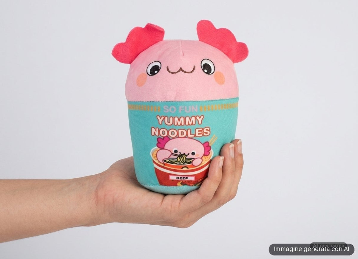Quattro peluche kawaii di animali con costumi da noodle colorati: mucca marrone, coniglio rosa, bradipo verde e creatura gial