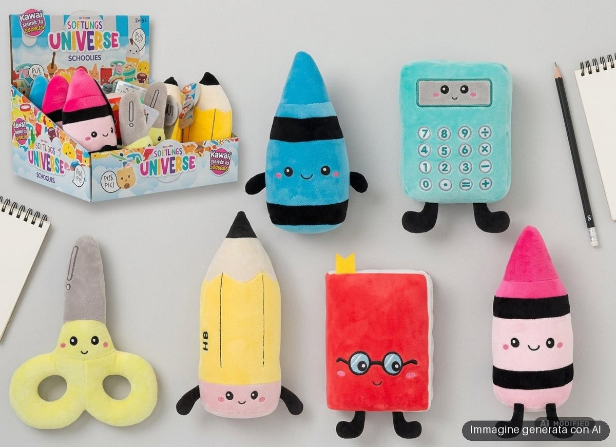Peluche a forma di pastello, calcolatrice, forbici, matita e quaderno con faccine sorridenti e gambette
