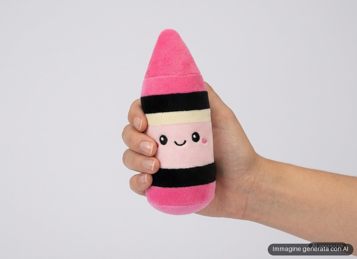 Peluche a forma di pastello, calcolatrice, forbici, matita e quaderno con faccine sorridenti e gambette