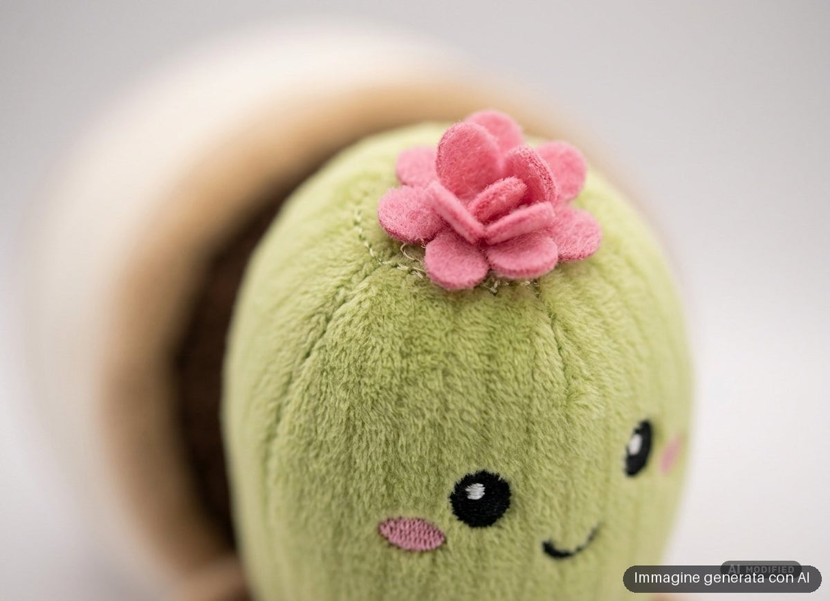 Quattro peluche a forma di piantina grassa nel vaso, con faccine sorridenti, nei toni del verde.