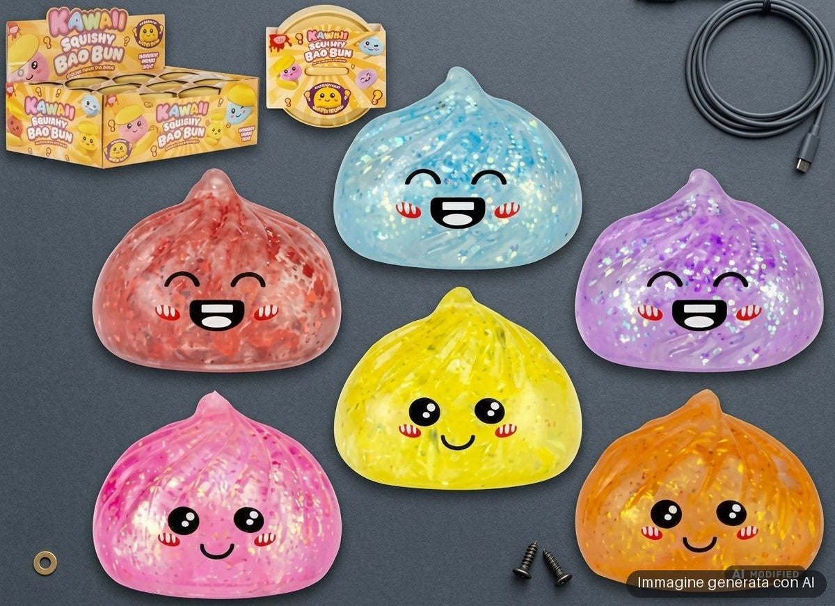 Sei palline antistress con brillantini a forma di panino con faccina sorridente, in sei colori.