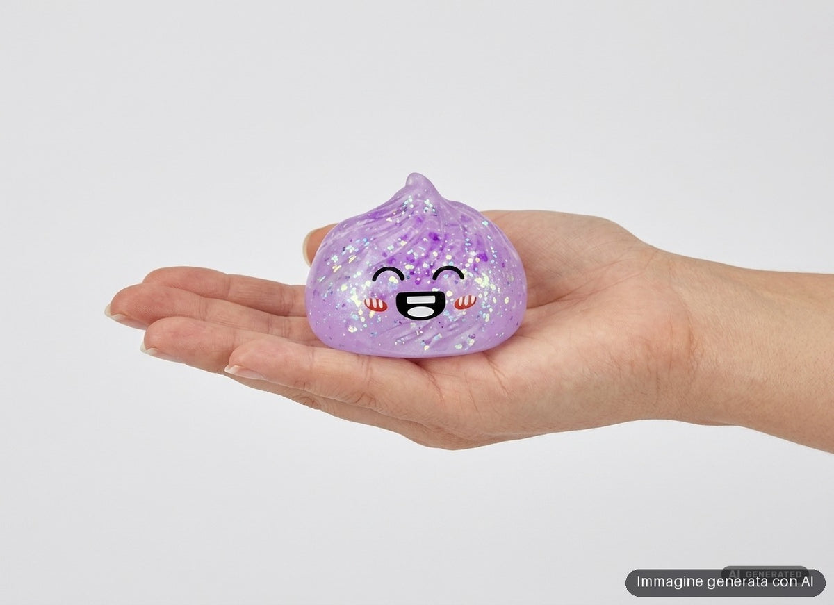 Sei palline antistress con brillantini a forma di panino con faccina sorridente, in sei colori.