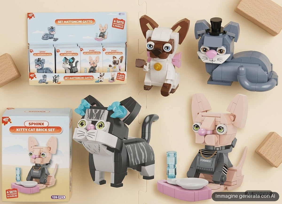 Quattro gattini da costruire con mattoncini: siamese, grigio, tigrato e sphynx, con accessori.