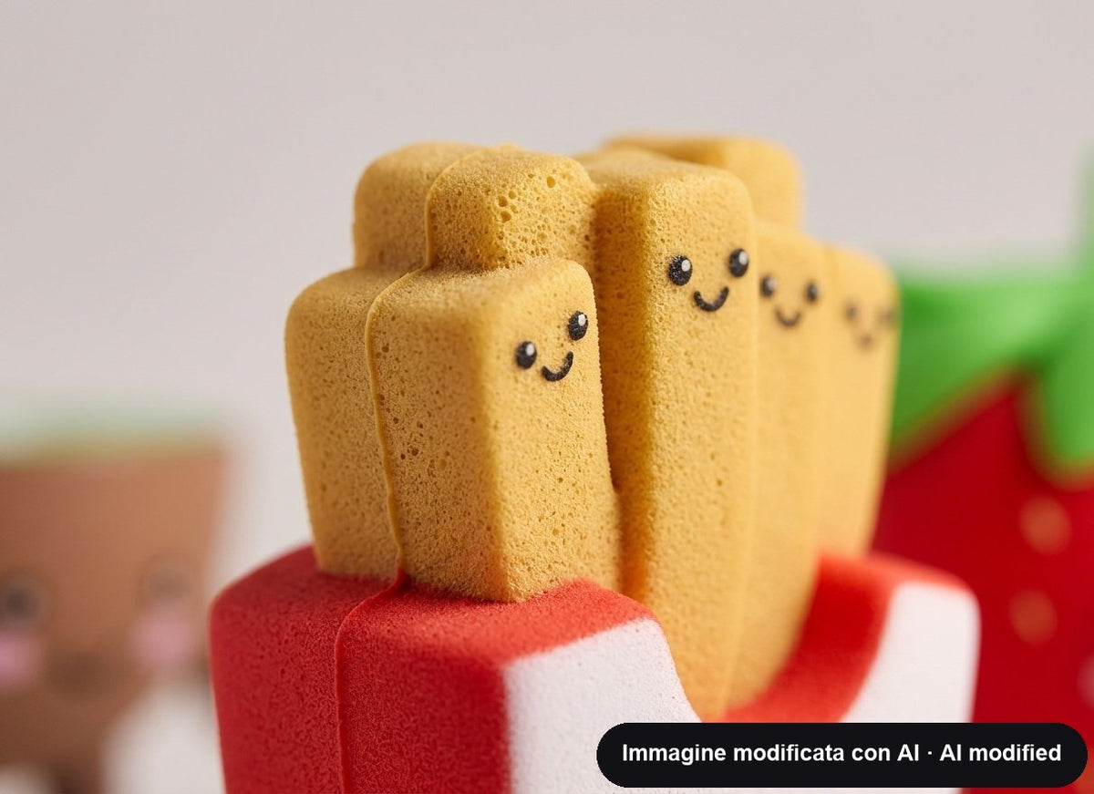 Mini figurine morbide a forma di cibo con faccine sorridenti: hamburger, kiwi, arancia, avocado, fragola, patatine