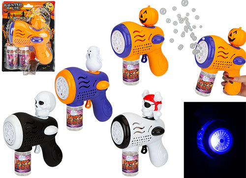Pistole spara bolle con luci accese e personaggi zucca, fantasma e teschio, con flaconcini di soluzione