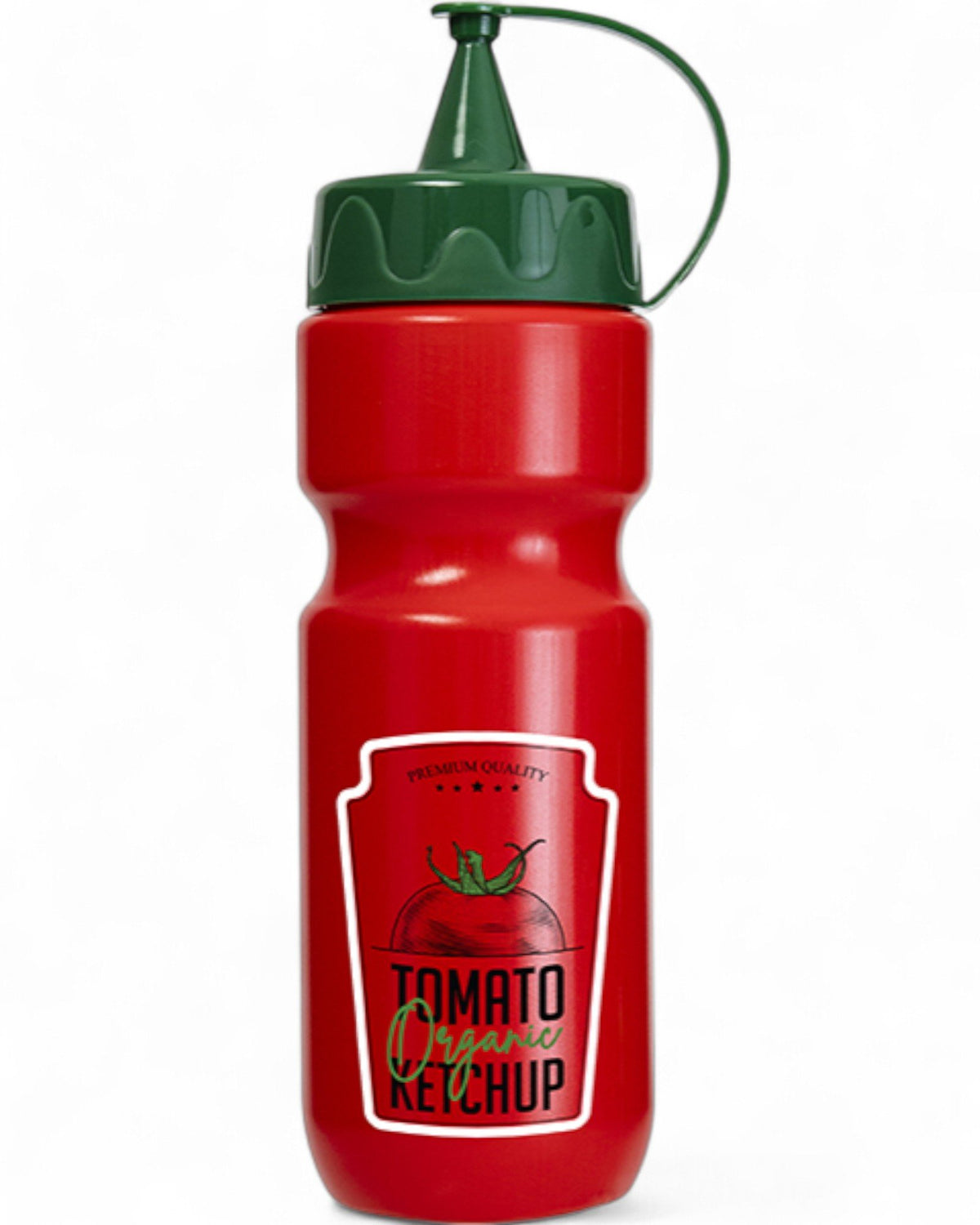 Dosatore in plastica rossa da 660 ml con tappo verde e etichetta con pomodoro disegnato