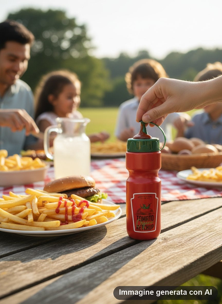 Dosatore in plastica rossa da 660 ml con tappo verde e etichetta con pomodoro disegnato