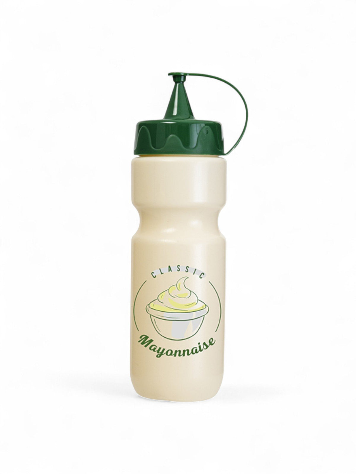 Dosatore maionese beige con tappo verde e illustrazione ciotola di maionese stile vintage