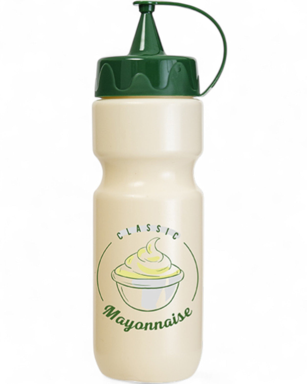 Dosatore maionese beige con tappo verde e illustrazione ciotola di maionese stile vintage