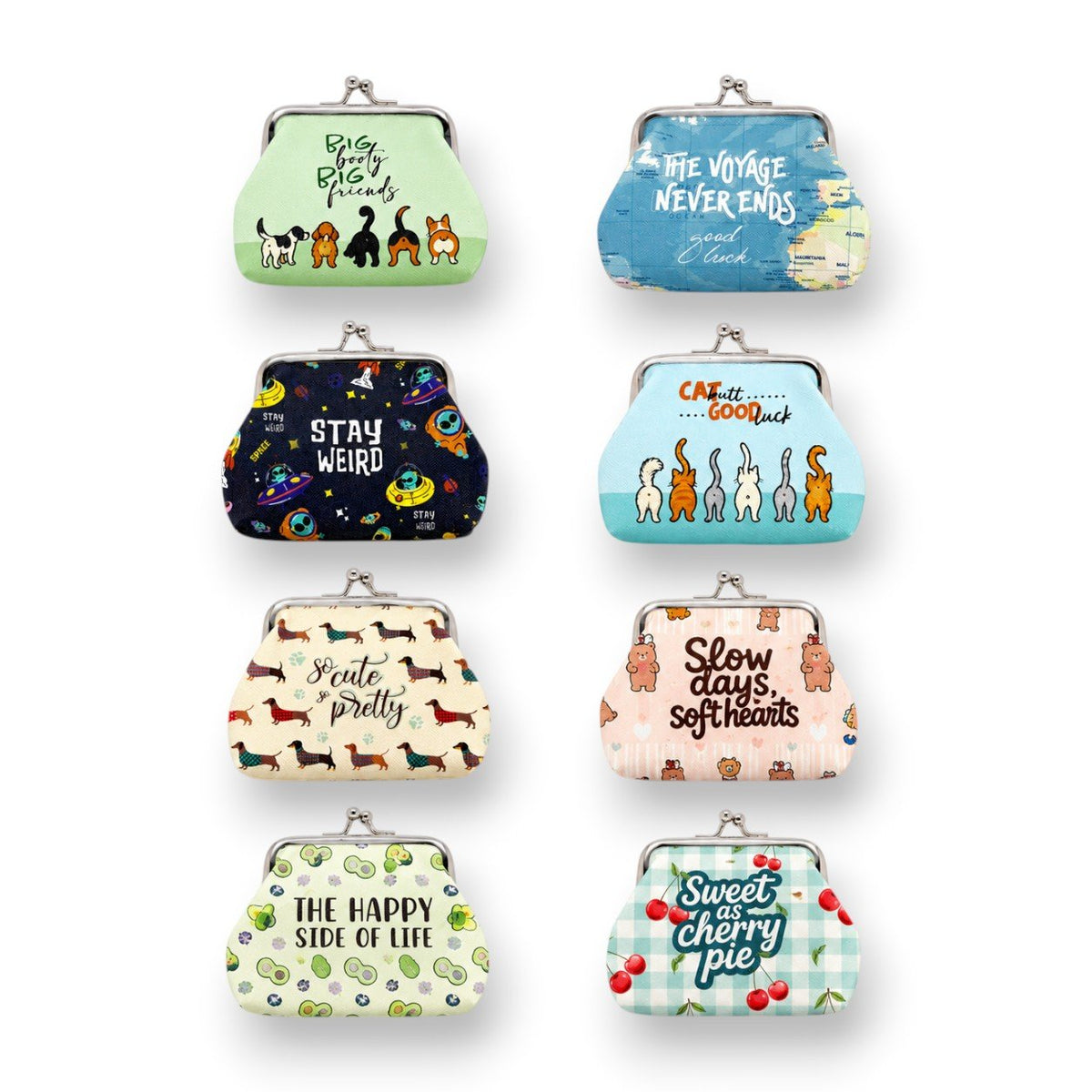 Otto portamonete con clip in diversi colori e designs, con frasi motivazionali e disegni di animali e frutti
