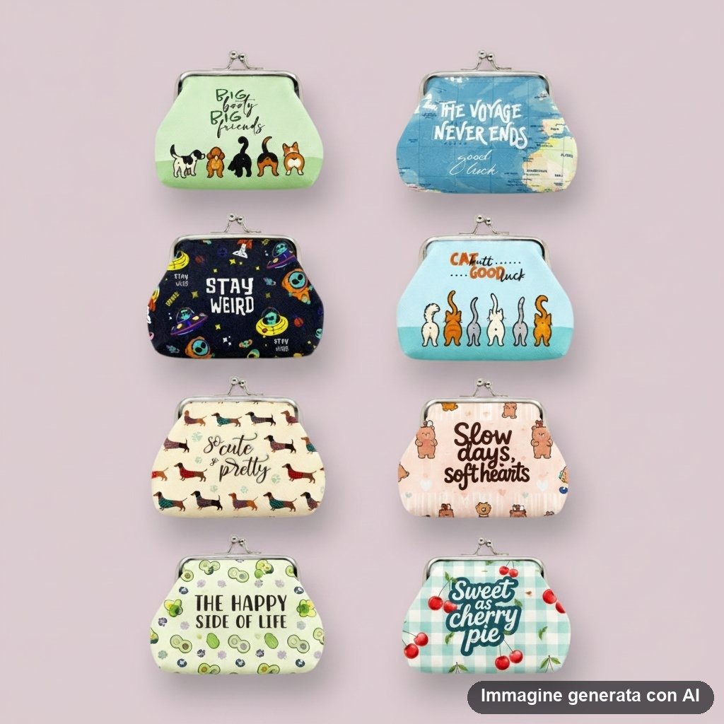 Otto portamonete con clip in diversi colori e designs, con frasi motivazionali e disegni di animali e frutti