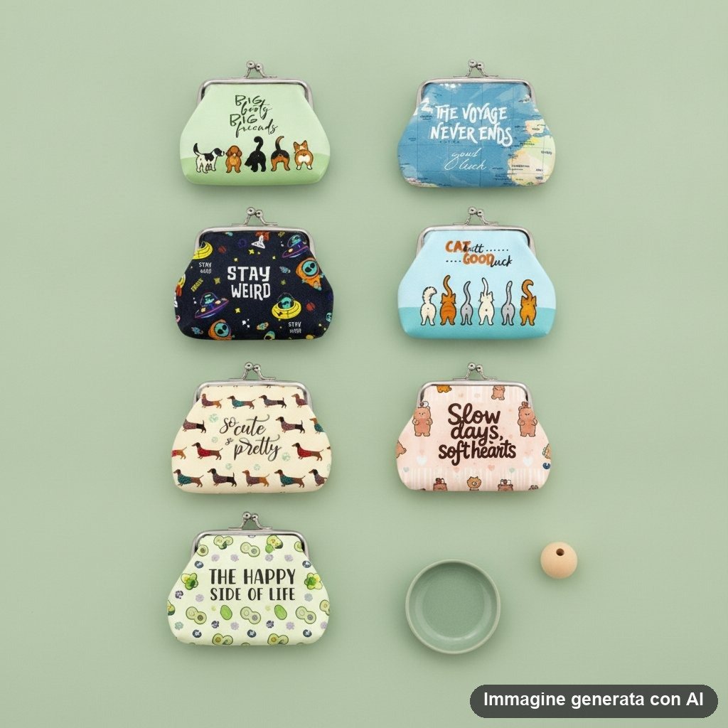 Otto portamonete con clip in diversi colori e designs, con frasi motivazionali e disegni di animali e frutti