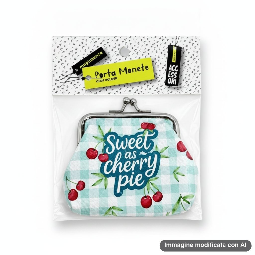 Otto portamonete con clip in diversi colori e designs, con frasi motivazionali e disegni di animali e frutti