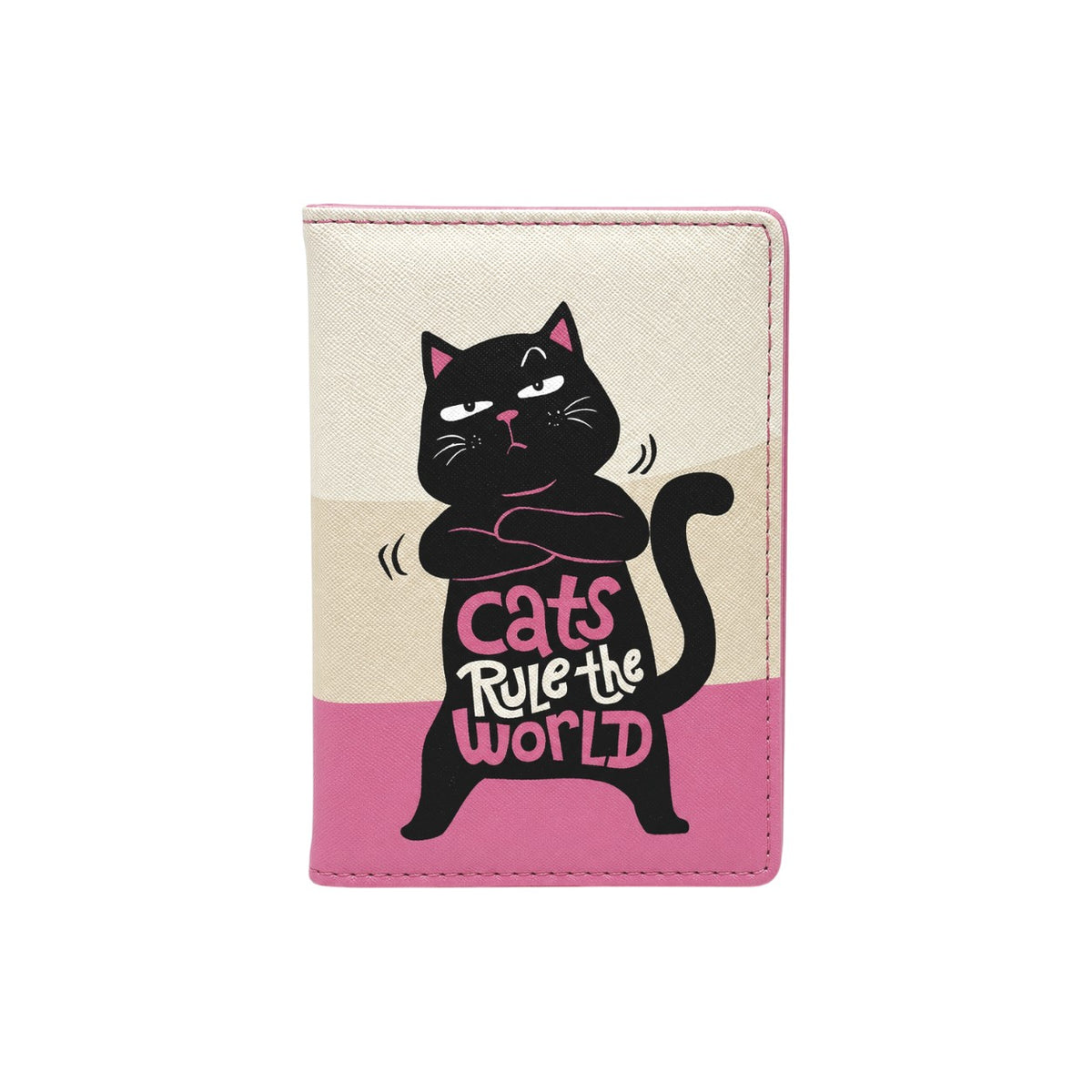 Custodia per passaporto beige e rosa con gatto nero disegnato a braccia incrociate