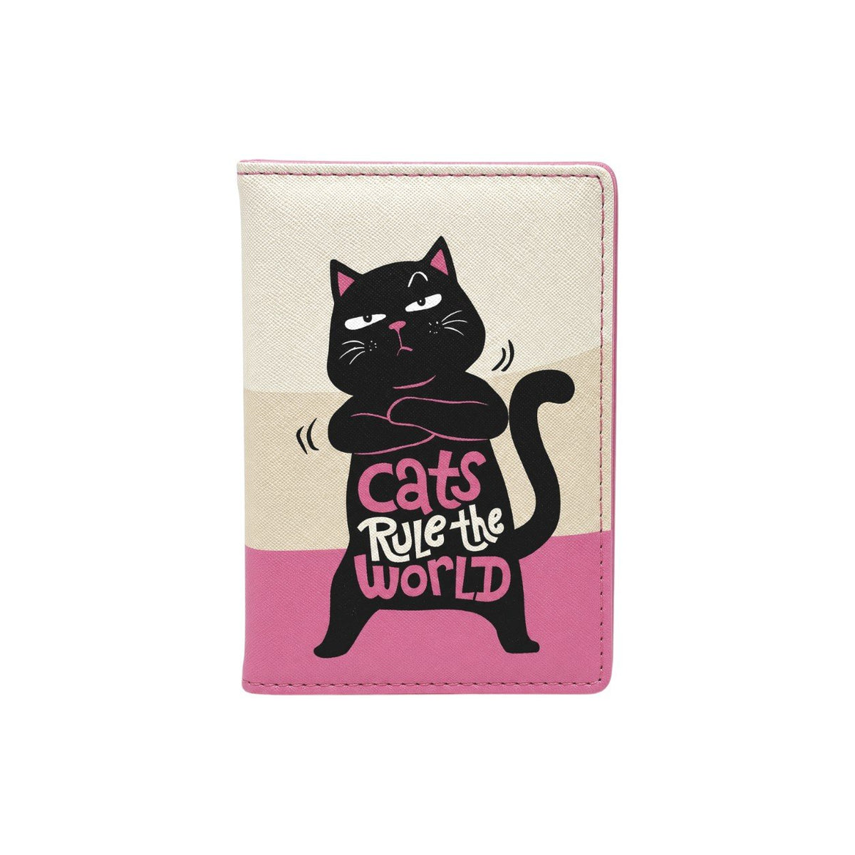 Custodia passaporto in PU con gatto nero cartoon che sorride, scritta cats rule the world su sfondo bianco e rosa
