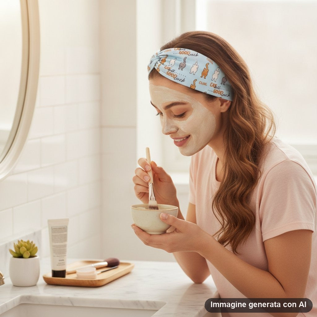Tre fasce per capelli annodate con stampe di bassotti, gatti e faccine, in beige, azzurro e nero