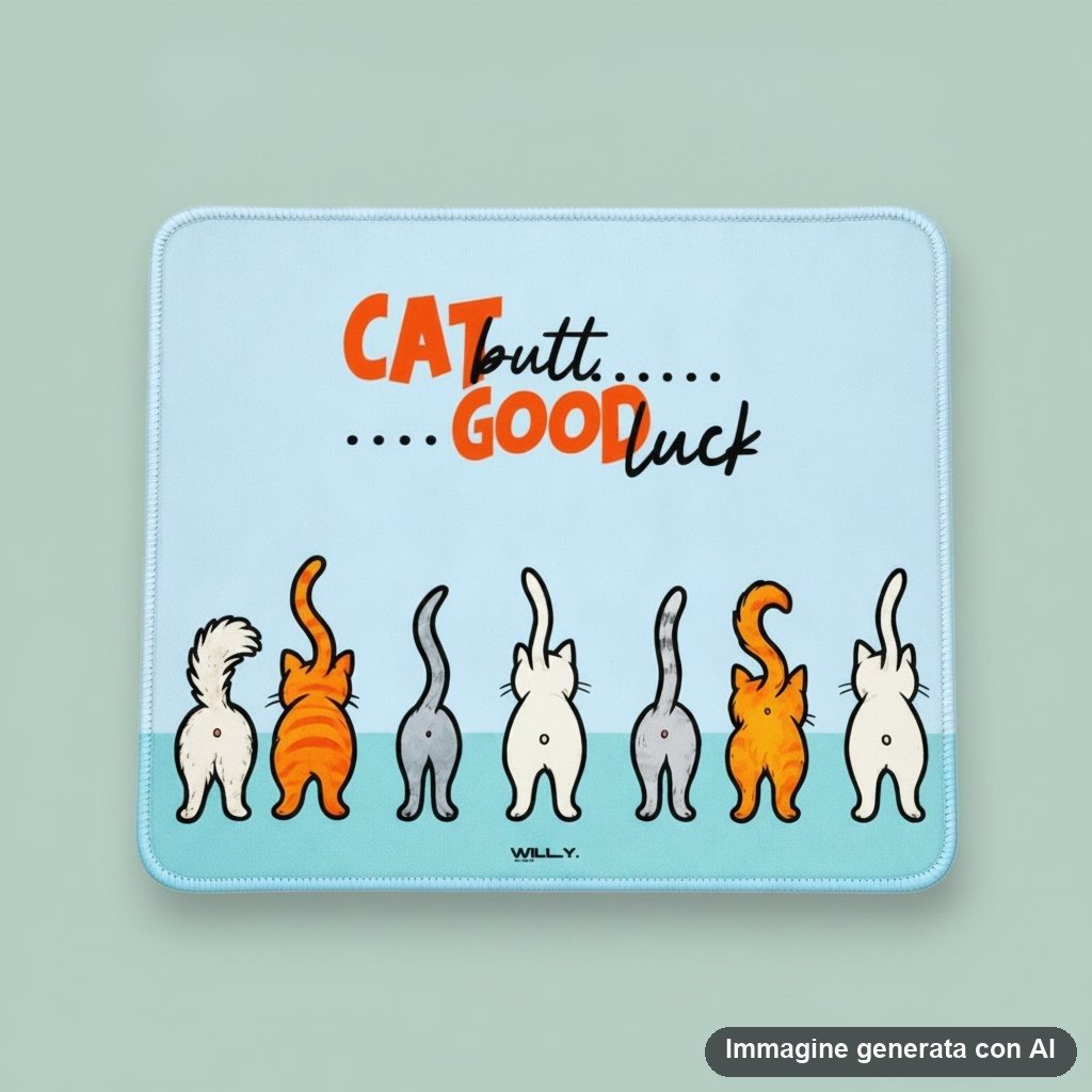 Tappetino mouse azzurro con disegno di sette gatti di spalle e scritta ironica gatto butti good luck