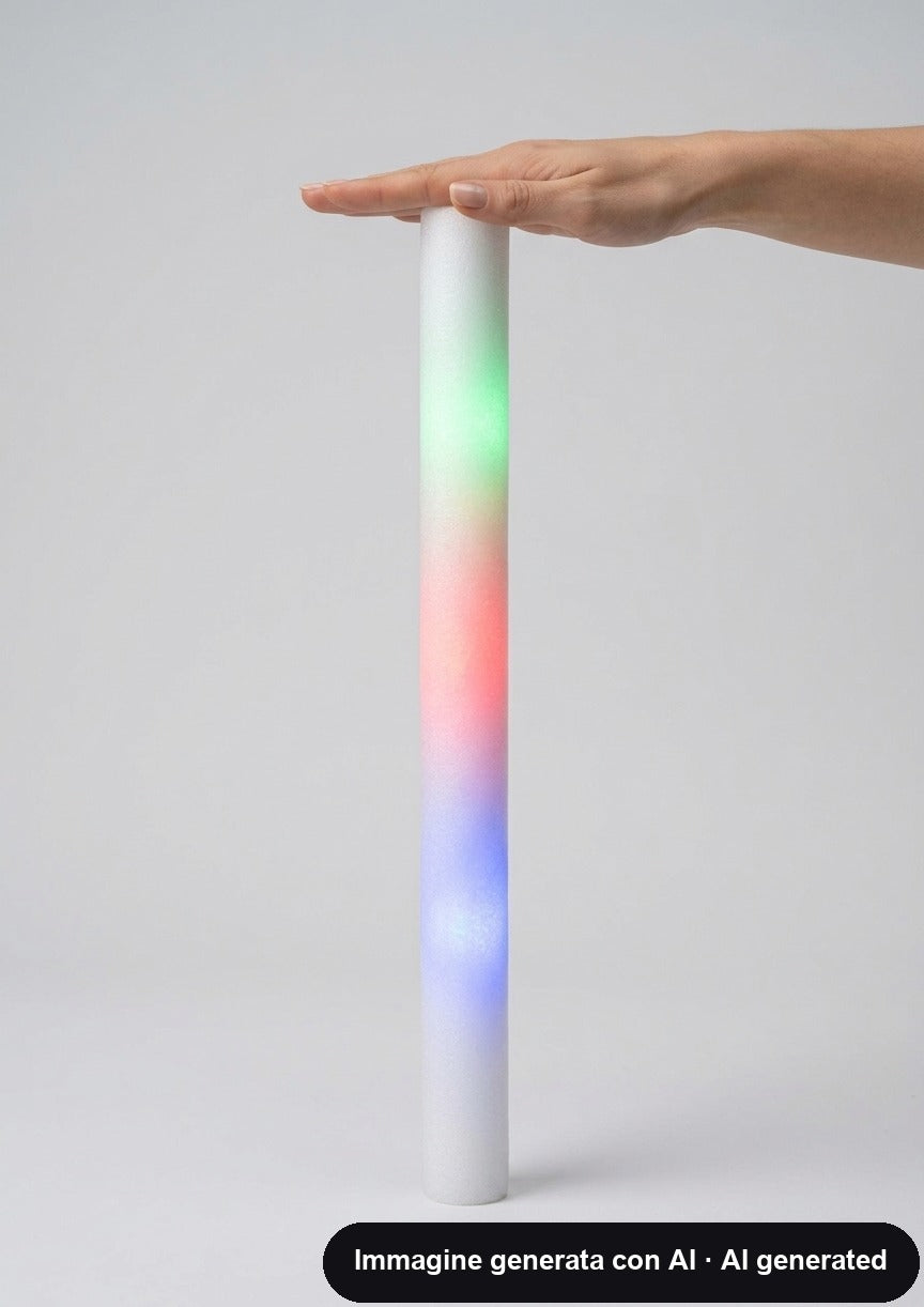 Bastone luminoso in spugna alto circa 48 cm tenuto in mano mentre cambia colore tra verde, rosa e viola.