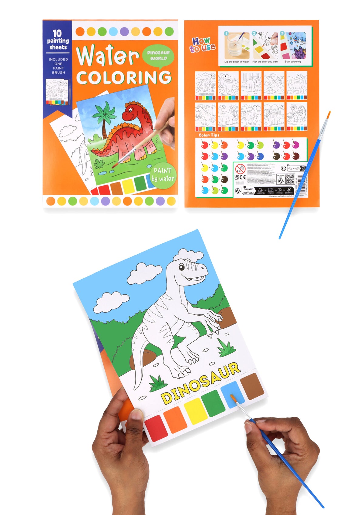 Album da colorare con acqua: dieci tavole di dinosauri, pennello incluso e colori stampati sul bordo pagina.