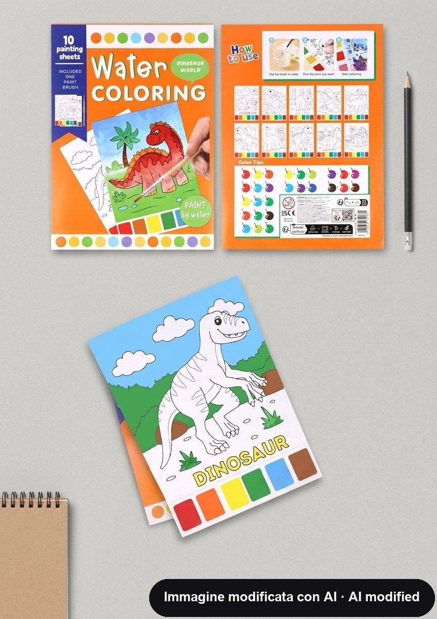Album da colorare con acqua: dieci tavole di dinosauri, pennello incluso e colori stampati sul bordo pagina.