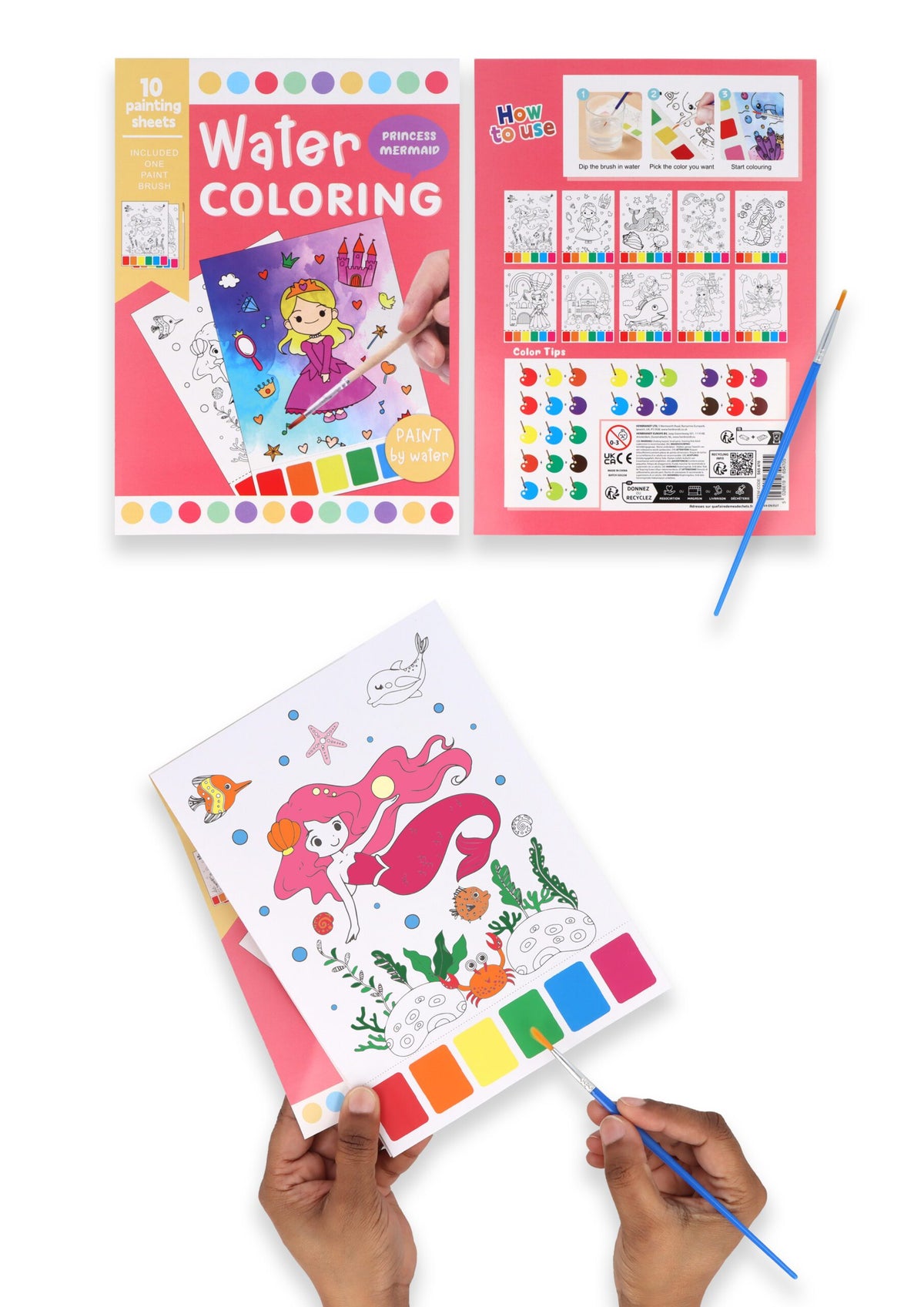 Album da colorare con acqua tema principesse e sirene, con 10 fogli bianchi da colorare, pennello blu e palette di colori inc
