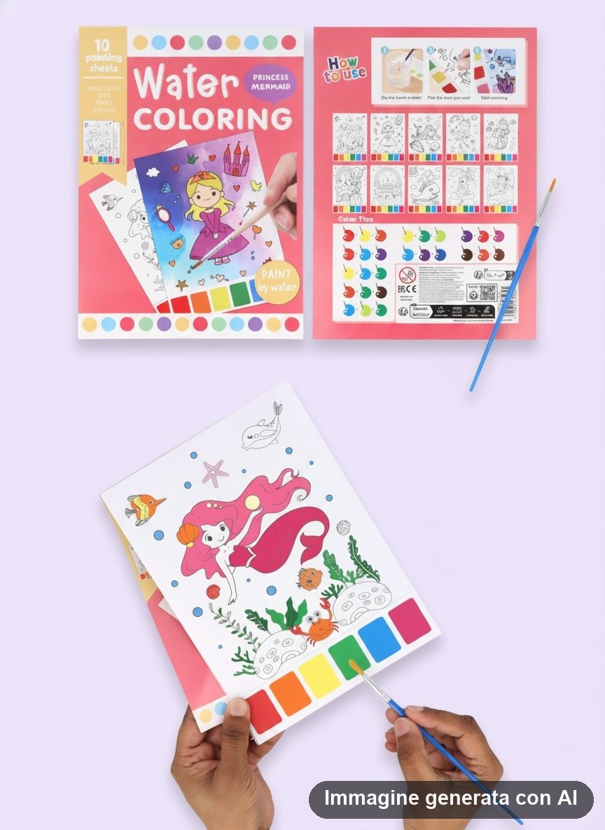 Album da colorare con acqua tema principesse e sirene, con 10 fogli bianchi da colorare, pennello blu e palette di colori inc