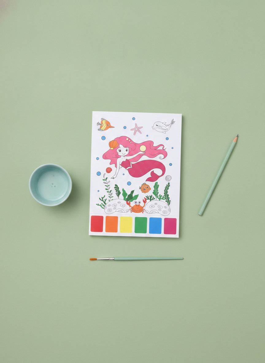 Album da colorare con acqua tema principesse e sirene, con 10 fogli bianchi da colorare, pennello blu e palette di colori inc