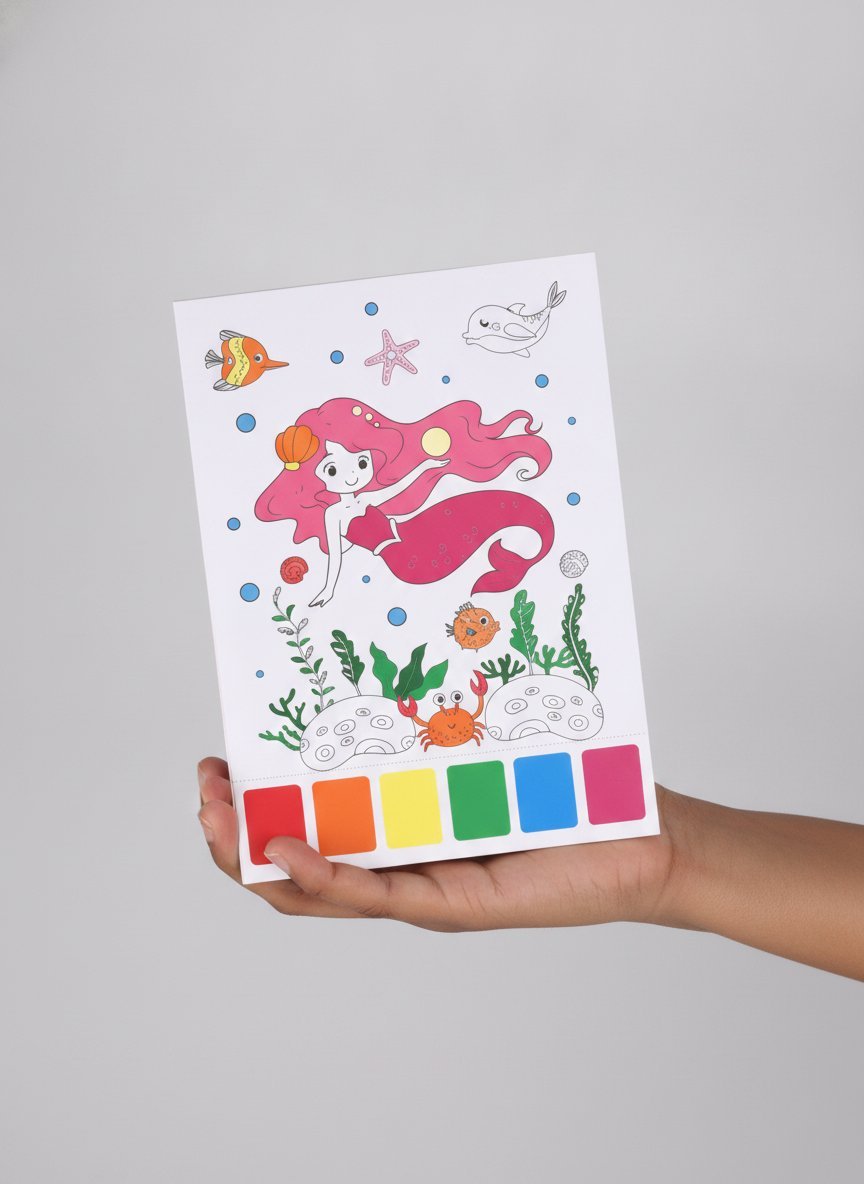 Album da colorare con acqua tema principesse e sirene, con 10 fogli bianchi da colorare, pennello blu e palette di colori inc