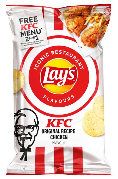 Confezione di patatine con logo Lay's e KFC, gusto pollo fritto originale, con immagine di pollo croccante e patatine dorate
