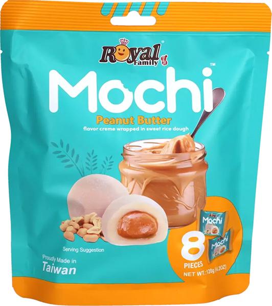 Mochi Peanut Butter Royal Family, 8 pezzi da 120g, dolcetti al burro di arachidi con confezione turchese e arancione