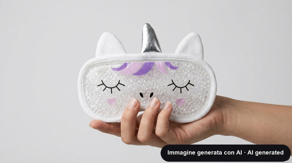 Maschera in gel per occhi a forma di unicorno bianco con criniera lilla e cuori